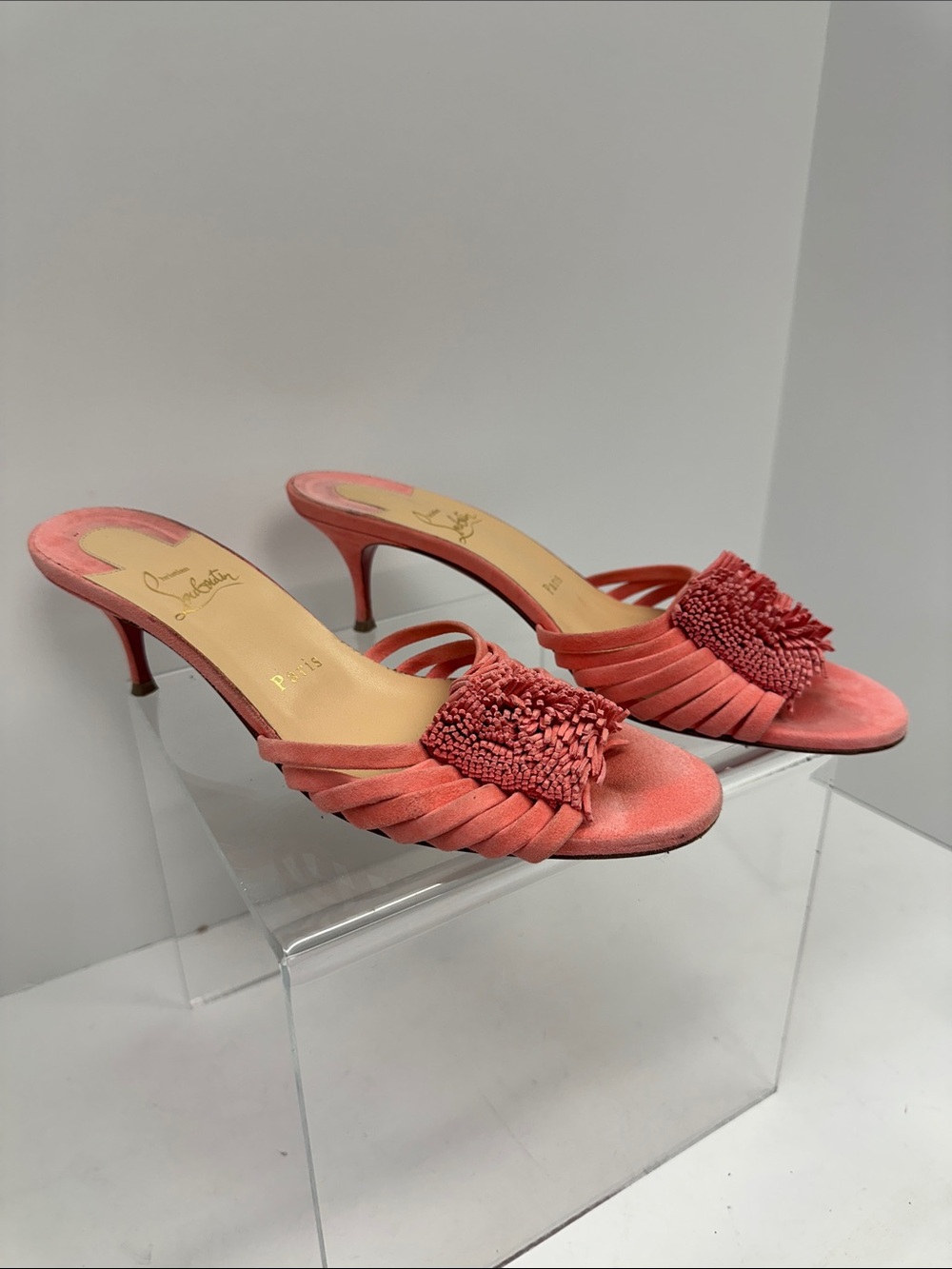 Christian Louboutin Coral Suede Pleated Slide Kitten Heel with Pom Detail